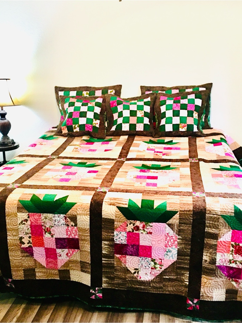 Handmade Pink Strawberry Quilt Set King Size